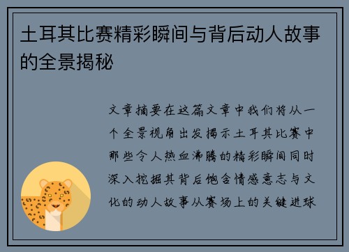 土耳其比赛精彩瞬间与背后动人故事的全景揭秘
